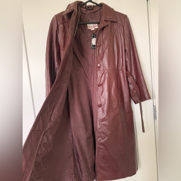 VINTAGE Y2K BURGUNDY LEATHER TRENCH JACKET - Picture 4 of 6